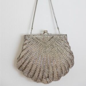 Silver Beaded vintage Evening Bag with Chain Strap